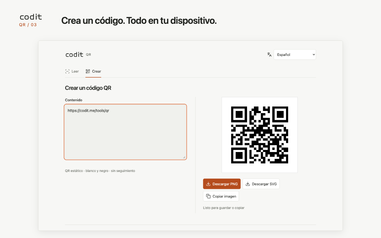 Crea un código QR localmente y expórtalo como PNG o SVG