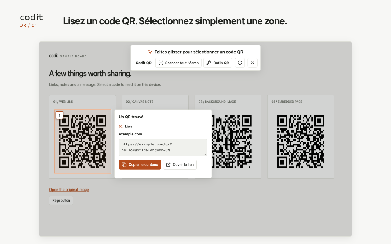 Sélectionnez un code QR sur une page web et consultez le résultat