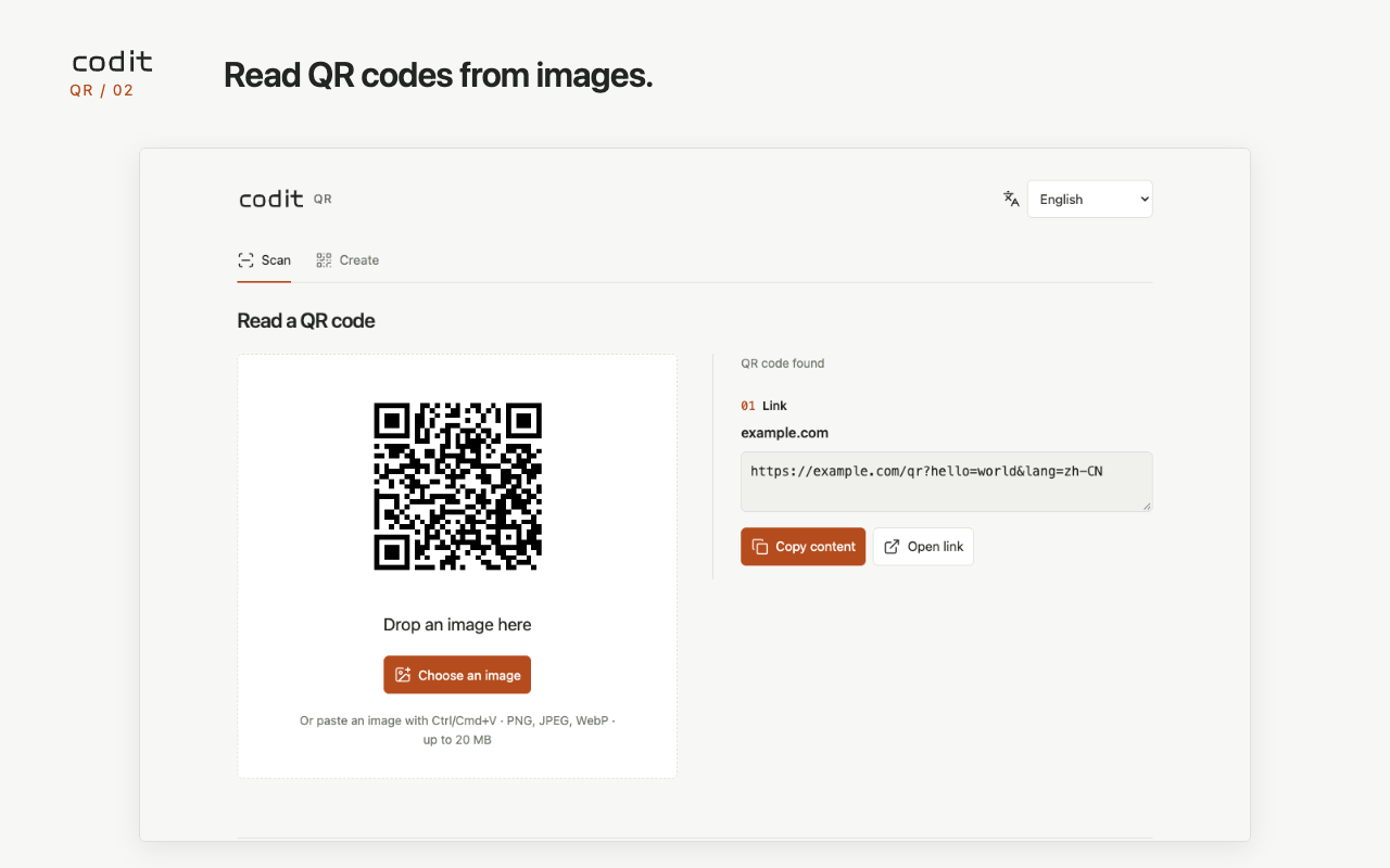 Read QR codes from uploaded, dropped or pasted images
