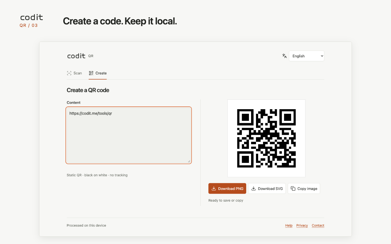 Create a QR code locally and export it as PNG or SVG