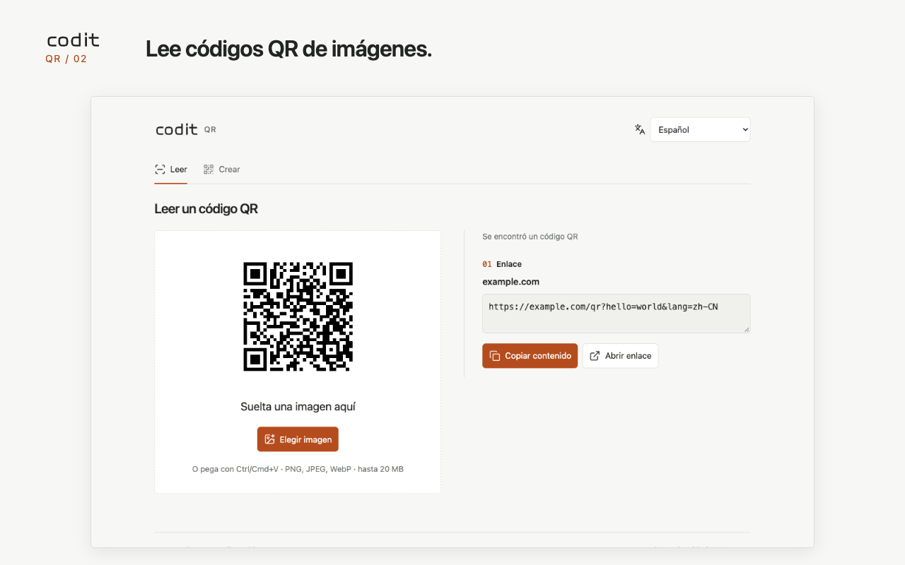 Lee códigos QR en imágenes subidas, arrastradas o pegadas